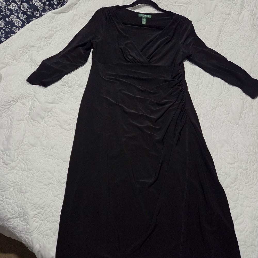 Lauren Ralph Lauren Dress Black Ruched 3/4 Sleeve Size 10 Stretch